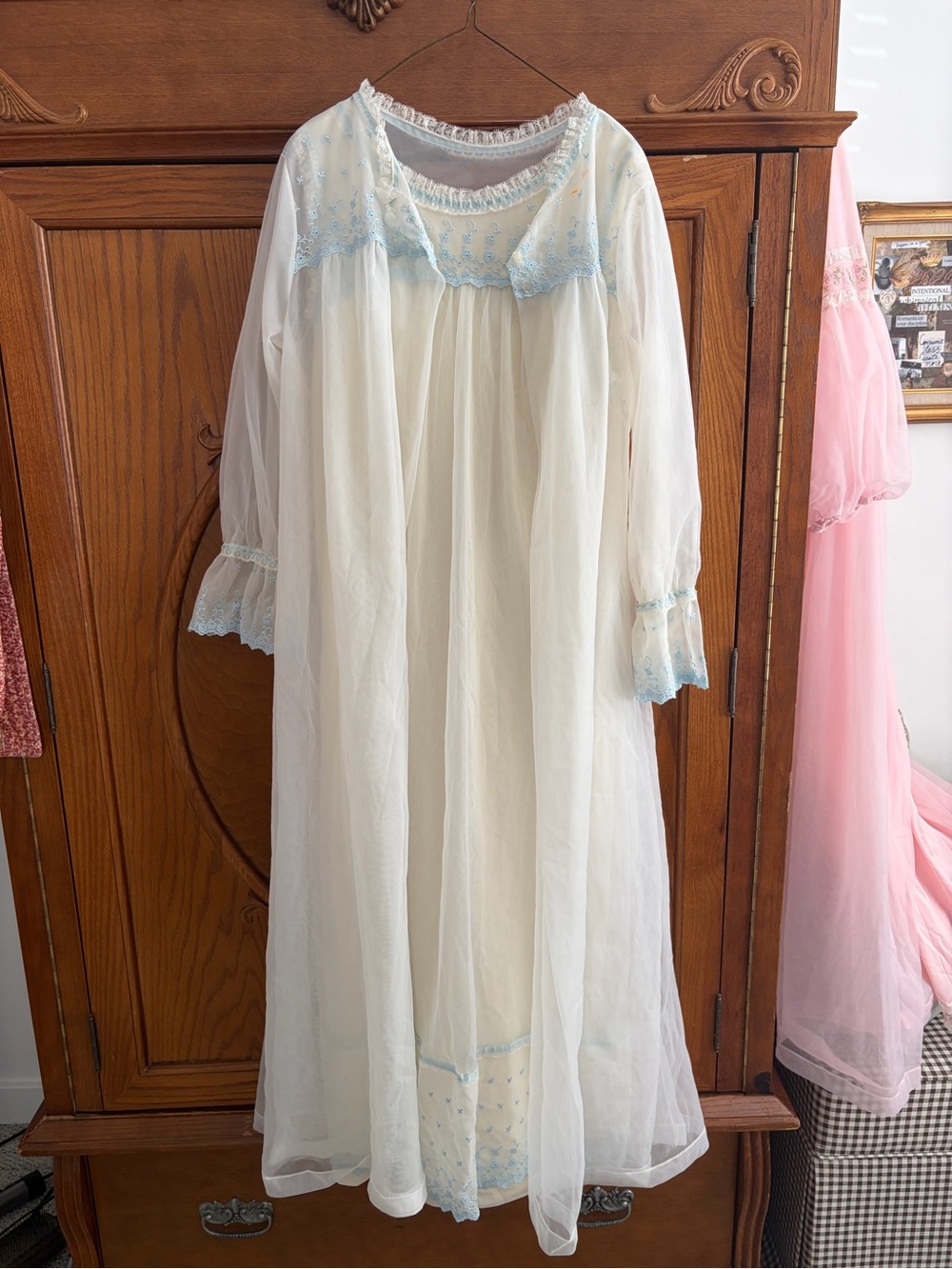 Vintage-Inspired White Nightgown with Blue Lace Trim